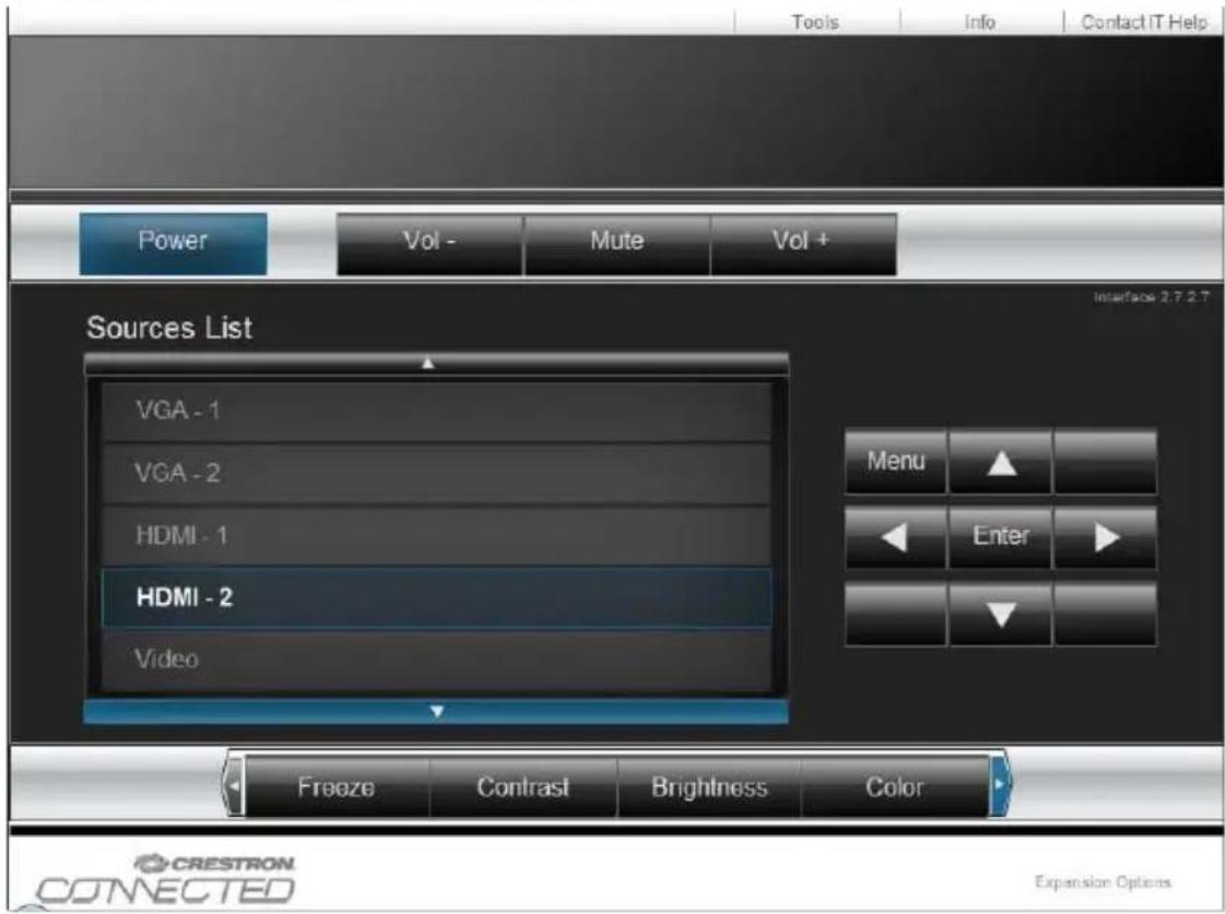 Tools Info Contact IT Help Power Vol - Mute Vol + Sources List VGA - 1 VGA - 2 HDMI - 1 HDMI - 2 Video Interface 2.7.2.7 Menu Enter Freeze Contrast Brightness Color CRESTRON CONNECTED Expansion Options