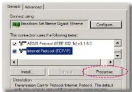 General | Advanced | Connect using Broadcom NetXtreme Gigabit Ethernet Configure... This connection uses the following items: AEGIS Protocol (IEEE 802.1x) v3.1.6.0 Internet Protocol (TCP/IP) Properties Install... Import... Descritation Transmission Control Protocol/Internet Protocol. The default with any protocols defined that network names are required.