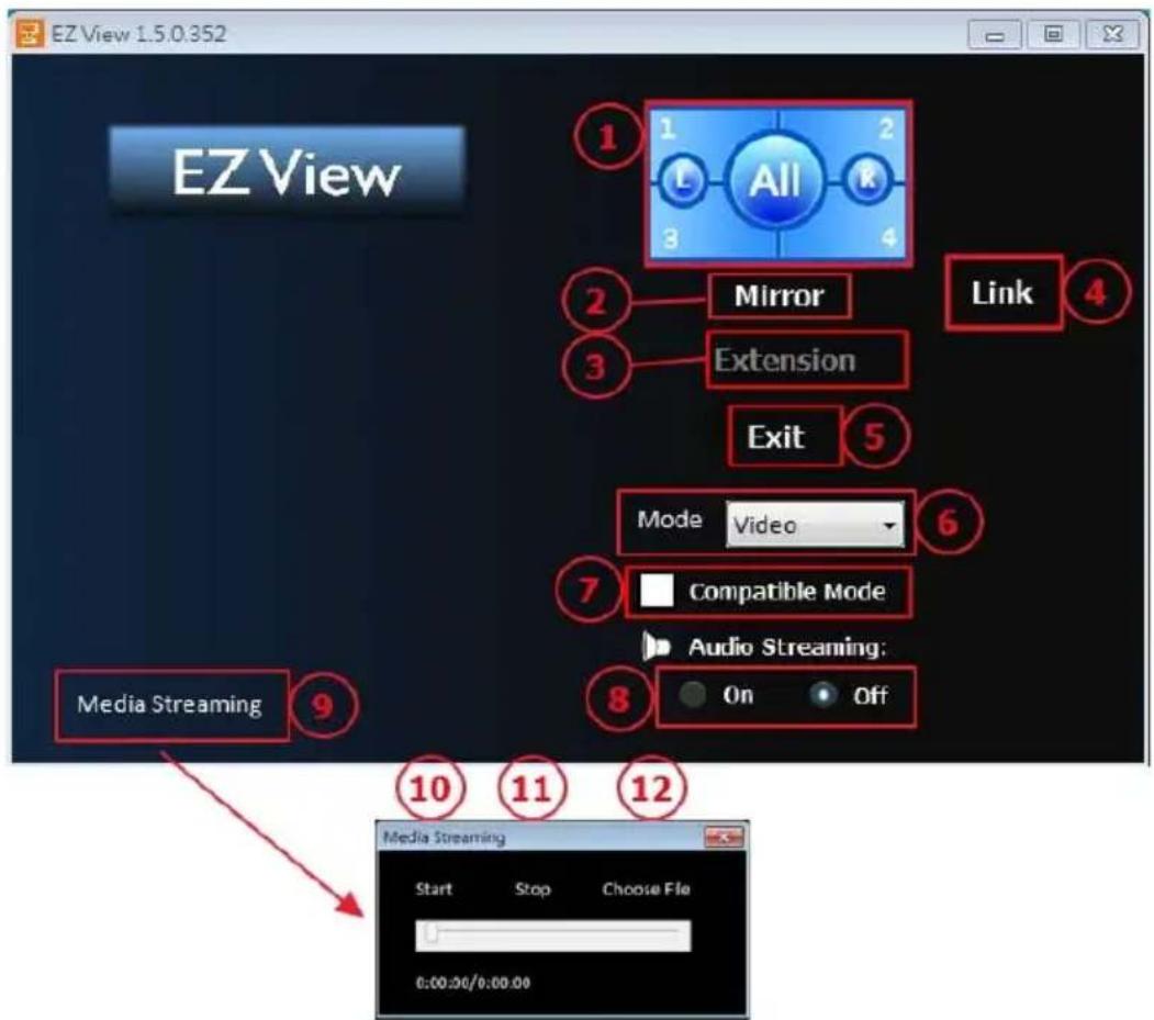 EZ View 1 All 2 Mirror 3 Extension 4 Exit 5 Link 6 Mode Video 7 Compatible Mode 8 Audio Streaming: 9 Media Streaming 10 11 12 Start Stop Choose File 0:00:00/0:00:00