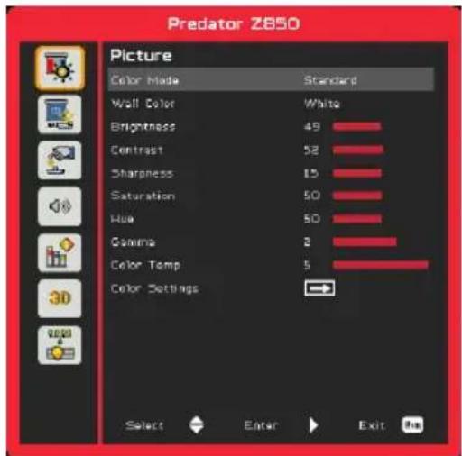 Predator Z850 Picture Color Mode Standard Wall Color White Brightness 49 Contrast 52 Sharpness 15 Saturation 50 Hue 50 Gamma 2 Color Temp 5 Color Settings → Select Enter Exit