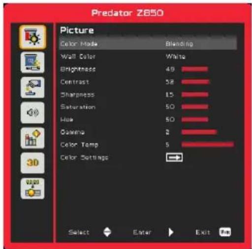 Predator Z850 Picture Color Mode Blending Wall Color White Brightness 49 Contrast 52 Sharpness 15 Saturation 50 Hue 50 Gamma 3 Color Temp 5 Color Settings Select Enter Exit Run