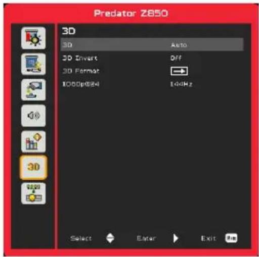Predator Z850 3D 3D Auto 3D Invert Off 3D Format 1000p024 1kHz Select Enter Exit On
