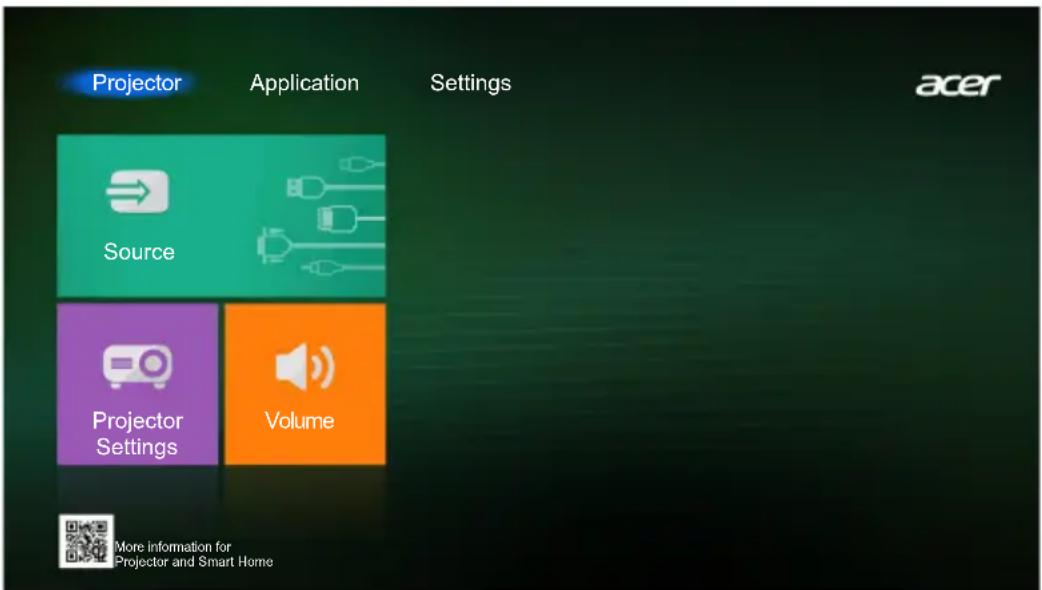 Projector Application Settings Source Projector Settings Volume acer More information for Projector and Smart Home
