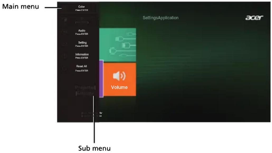 Main menu Color Press ENTER Audio Press ENTER Setting Press ENTER Information Press ENTER Reset All Press ENTER Volume SettingsApplication acer Sub menu