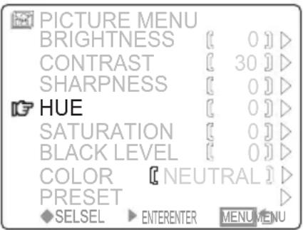 PICTURE MENU BRIGHTNESS [0] > CONTRAST [30] > SHARPNESS [0] > HUE [0] > SATURATION [0] > BLACK LEVEL [0] > COLOR [NEUTRAL] > PRESET > ◆SELSEL ▶ ENTERENTER MENU MENU