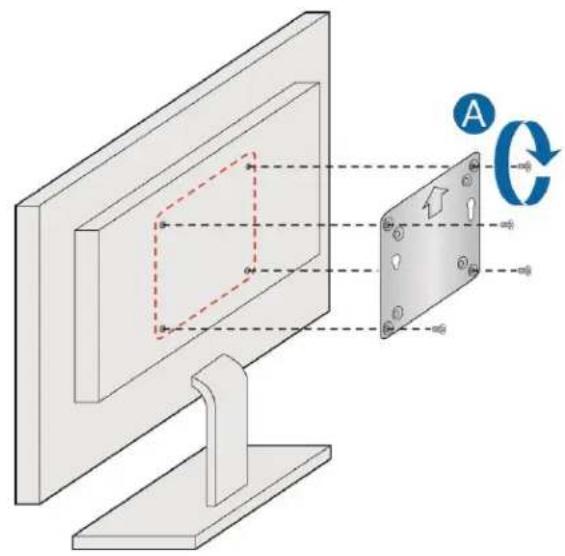 Technical diagram showing a computer monitor with an attached metal panel and a circular component labeled A, with annotations for alignment and rotation.