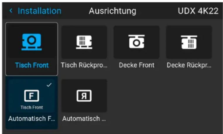 Installation Ausrichtung UDX 4K22 Tisch Front Tisch Rückpro... Decke Front Decke Rückpr... Tisch Front Automatisch F... Automatisch ...