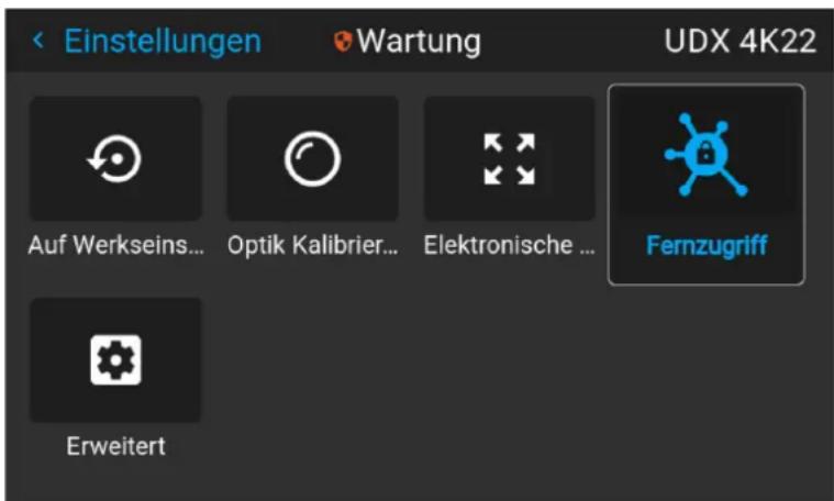 Einstellungen Wartung UDX 4K22 Auf Werkseins... Optik Kalibrier... Elektronische ... Fernzugriff Erweitert