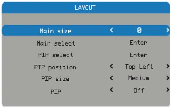 LAYOUT Main size < 0 > Main select Enter PIP select Enter PIP position < Top Left > PIP size < Medium > PIP < Off >