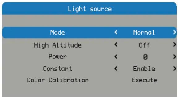 Light source Mode < Normal > High Altitude < Off > Power < 0 > Constant < Enable > Color Calibration Execute