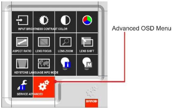 INPUT BRIGHTNESS CONTRAST COLOR ASPECT RATIO LENS FOCUS LENS ZOOM LENS SHIFT KEYSTONE LANGUAGE INFO MODE SERVICE ADVANCED Advanced OSD Menu BRIP-05
