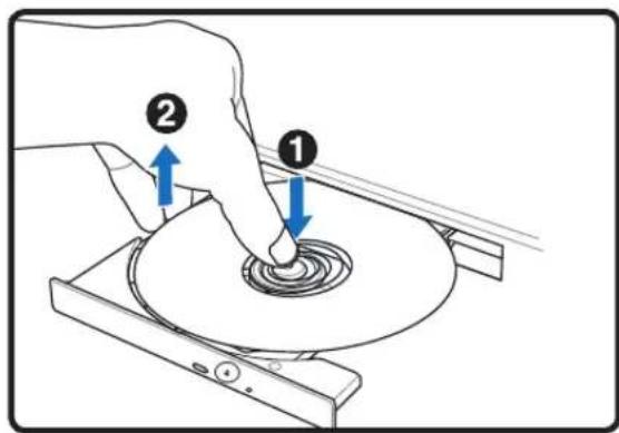 Diagram showing a hand pressing down on a CD into a disc, labeled with arrows ① and ② indicating process steps.