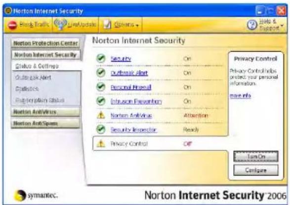 Norton Internet Security Health Traffic LiveUpdate Options Help & Support Norton Protection Center Norton Internet Security Status & Settings Outlook Alert Statistics Registration Status Norton AntiVirus Norton AntiSpoon Norton Internet Security Security On Outlook Alert On Personal Firewall On Intrusion Prevention On Norton AntiVirus Attention Security Inspector Ready Privacy Control Off Privacy Control Helps protect your personal information. move info Turn On Configure Norton Internet Security 2006 symantec.