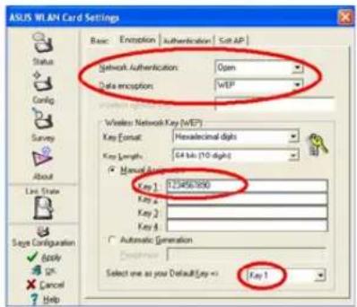 ASUS WLAN Card Settings Basic: Authentication Authentication Set AP Status Config Survey About Line State Size Configuration ✓ Empty ✓ OK ✗ Cancel ? Help Network Authentication: Open Data reception: WEP Wistar Network Key (WEP) Key format: Hexadecimal digits Key Length: 64 bits (10 seconds) ■ Manual Options Key 1: 72450380 Key 2: Key 3: Key 4: Automatic Generation Select one as your Default(Key =) Key 1
