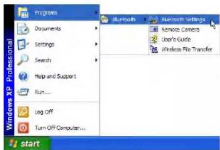Programs Documents Settings Search Help and Support Run... Log Off Turn Off Computer... Start Bluetooth Settings Remote Camera User's Guide Wireless File Transfer