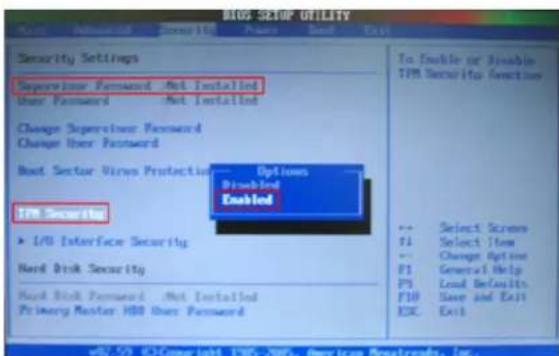 BLOG SETUP UTILITY Security Settings Supervoice Password - Not Installed User Password - Not Installed Change Supervise Password Change User Password Root Sector Views Protection Options Disabled Enabled TPM Security ► I/O Interface Security Need Disk Security Mock Disk Password - Not Installed Primary Master HDD User Password In Enable or Disable TPM Security Function -- Select Screens F1 Select Item -- Change Option F1 General Help F1 Load Defaults F10 Save and Exit ESC Exit v62.53 ©Copyright 1987-2005, American Postreads, Inc.