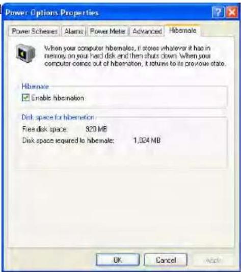 Power Options Properties Power Schemes Alarms Power Meter Advanced Hibernate When your computer hibernates, it stores whatever it has in memory on your hard disk and then shuts down. When your computer comes out of hibernation, it returns to its previous state. Hibernate Enable hibernation Disk space for hibernation Free disk space: 820 MB Disk space required to hibernate: 1,024 MB OK Cancel Next