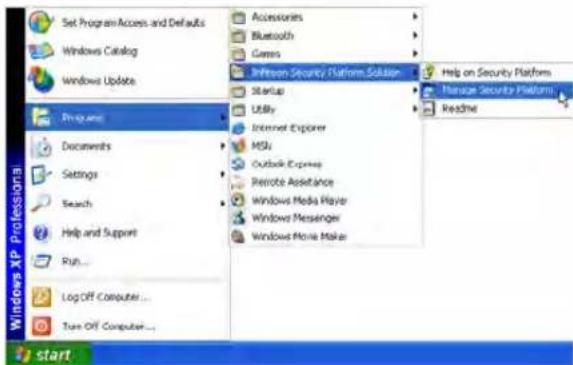 Set Program Access and Defaults Windows Catalog Windows Update Programs Documents Settings Search Help and Support Run... Log Off Computer... Turn Off Computer... Accessories Bluetooth Games In millions Security Platform Solution Startup Utility Internet Explorer MSU Outlook Express Remote Assistance Windows Media Playe Windows Messenger Windows Movie Maker Help on Security Platform Manage Security Platform Readine start