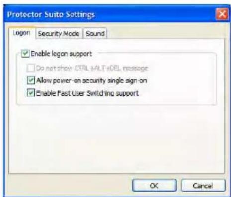 Protector Suite Settings Logon Security Mode Sound Enable logon support Do not show CTRL+MLT+OEL message Allow power-on security single sign-on Enable Fast User Switching support OK Cancel