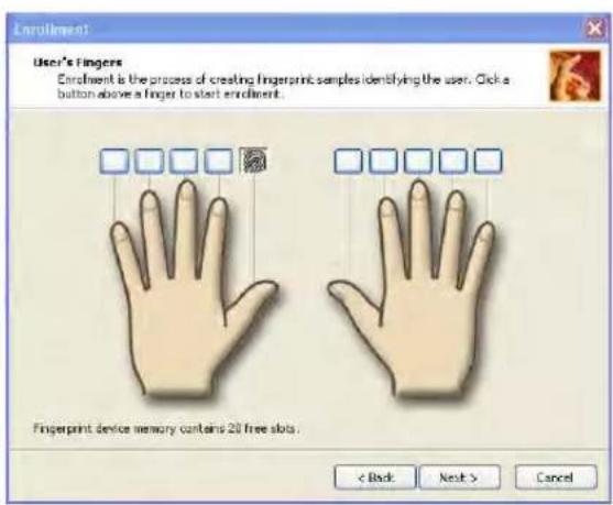 User's Fingers Enrolment is the process of creating fingerprint samples identifying the user. Click a button above a finger to start enrolment. Fingerprint device memory contains 20 free slots.