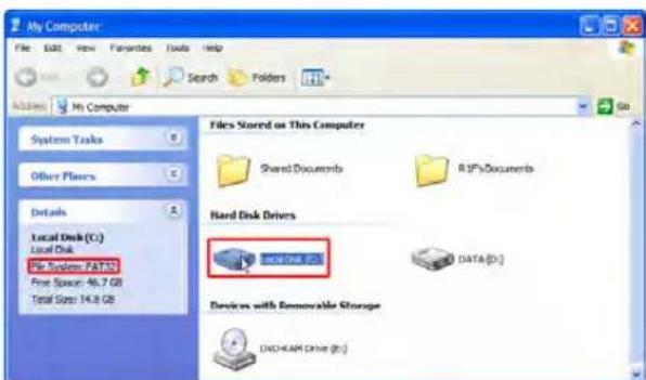 My Computer File Edit View Favorites Tools Help Search Folders System Tasks Other Flares Details Local Disk (C:) Local Disk File System FAT32 Free Space: 46.7 GB Total Size: 14.8 GB Files Stored on This Computer Shared Documents R IPy Documents Hard Disk Drivers Send to Web... DATA(D:) Devices with Removable Storage OXCHAM Drive (Ic)
