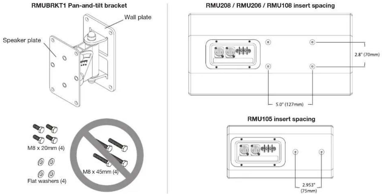 RMUBRKT1 Pan-and-tilt bracket Wall plate Speaker plate RMU208 / RMU206 / RMU108 insert spacing 2.8" (70mm) 5.0" (127mm) RMU105 insert spacing M8 x 20mm (4) M8 x 45mm (4) Flat washers (4) 2.953" (75mm)