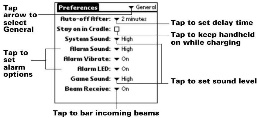 Tap arrow to select General Auto-off After: 2 minutes Stay on in Cradle: System Sound: High Alarm Sound: High Alarm Vibrate: On Alarm LED: On Game Sound: High Beam Receive: On Tap to set delay time Tap to keep handheld on while charging Tap to set sound level Tap to bar incoming beams