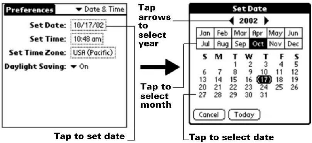 Preferences Date & Time Set Date: 10/17/02 Set Time: 10:48 am Set Time Zone: USA (Pacific) Daylight Saving: On Tap to set date Tap arrows to select year Tap to select month Set Date 2002 Jan Feb Mar Apr May Jun Jul Aug Sep Oct Nov Dec S M T W T F S 1 2 3 4 5 6 7 8 9 10 11 12 13 14 15 16 (17) 18 19 20 21 22 23 24 25 26 27 28 29 30 31 Cancel Today Tap to select date
