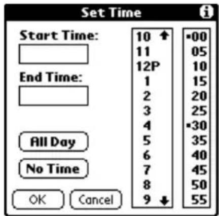 Set Time Start Time: 10 ↑ -00 11 05 12P 10 End Time: 1 15 2 20 3 25 4 -30 5 35 6 40 7 45 8 50 9 ↓ 55 All Day No Time OK Cancel