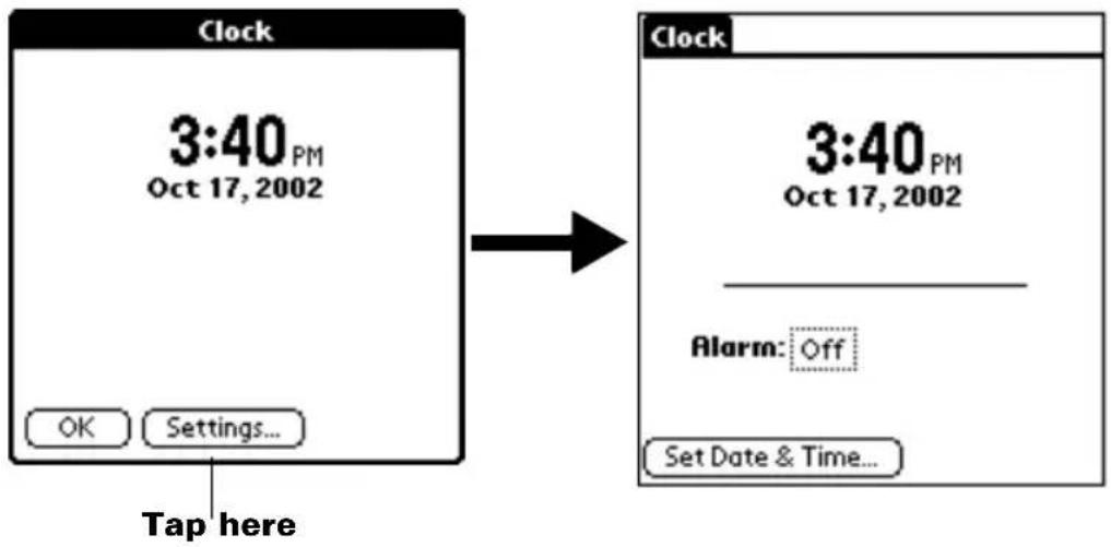 Clock 3:40 PM Oct 17, 2002 OK Settings... Tap here Clock 3:40 PM Oct 17, 2002 Alarm: Off Set Date & Time...