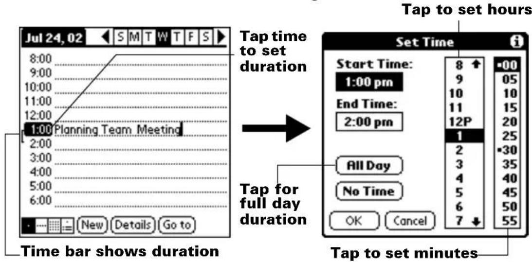 Jul 24, 02 S M T W T F S 8:00 9:00 10:00 11:00 12:00 1:00 Planning Team Meeting 2:00 3:00 4:00 5:00 6:00 New Details Go to Time bar shows duration Tap time to set duration Tap for full day duration Tap to set hours Start Time: 1:00 pm End Time: 2:00 pm 8 ↑ 9 10 11 12P 1 2 3 4 5 6 7 ↓ •00 •05 •10 •15 •20 •25 •30 •35 •40 •45 •50 •55 All Day No Time OK Cancel Tap to set minutes
