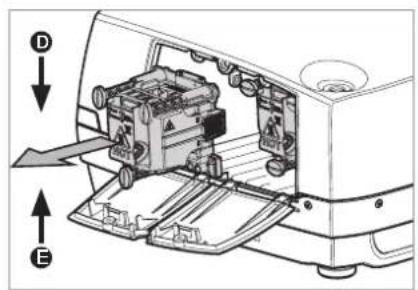 Technical diagram of a mechanical device with labeled parts D and E, showing internal components and directional arrows.