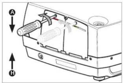 Technical diagram of a device's internal structure with labeled parts and directional arrows