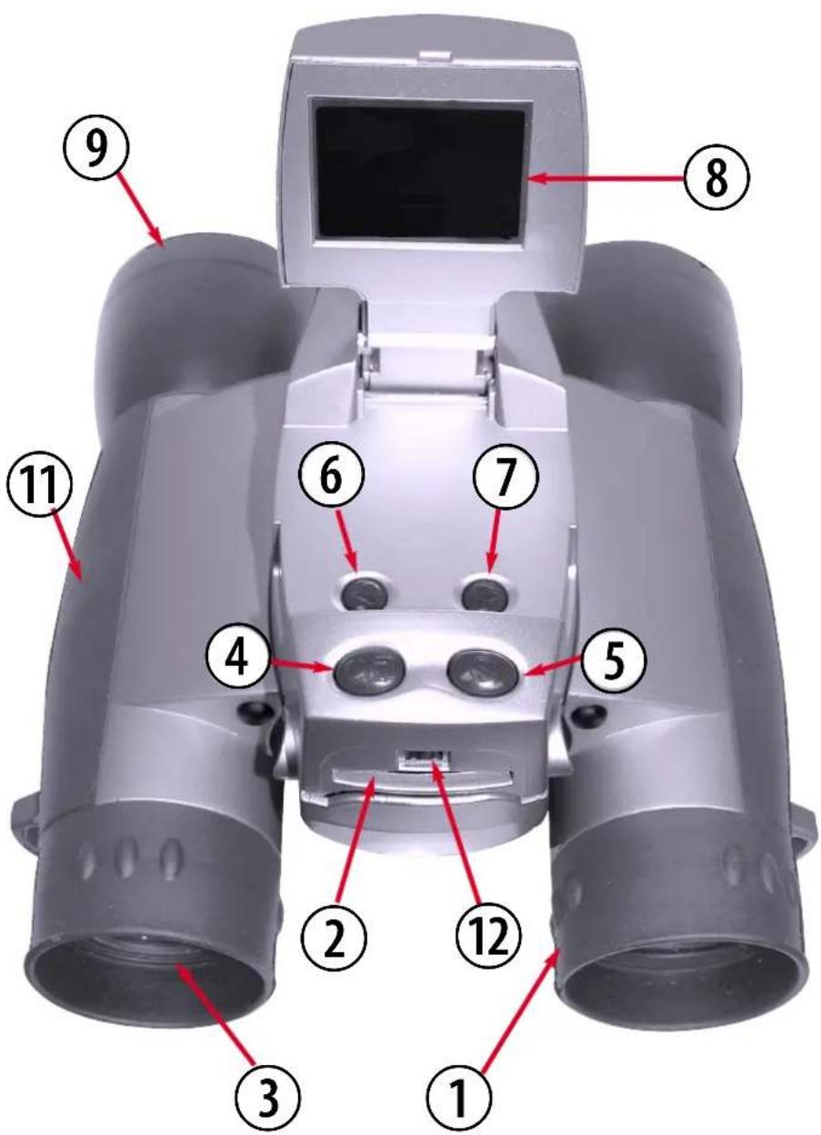 Labeled diagram of a binocular device with numbered parts for identification