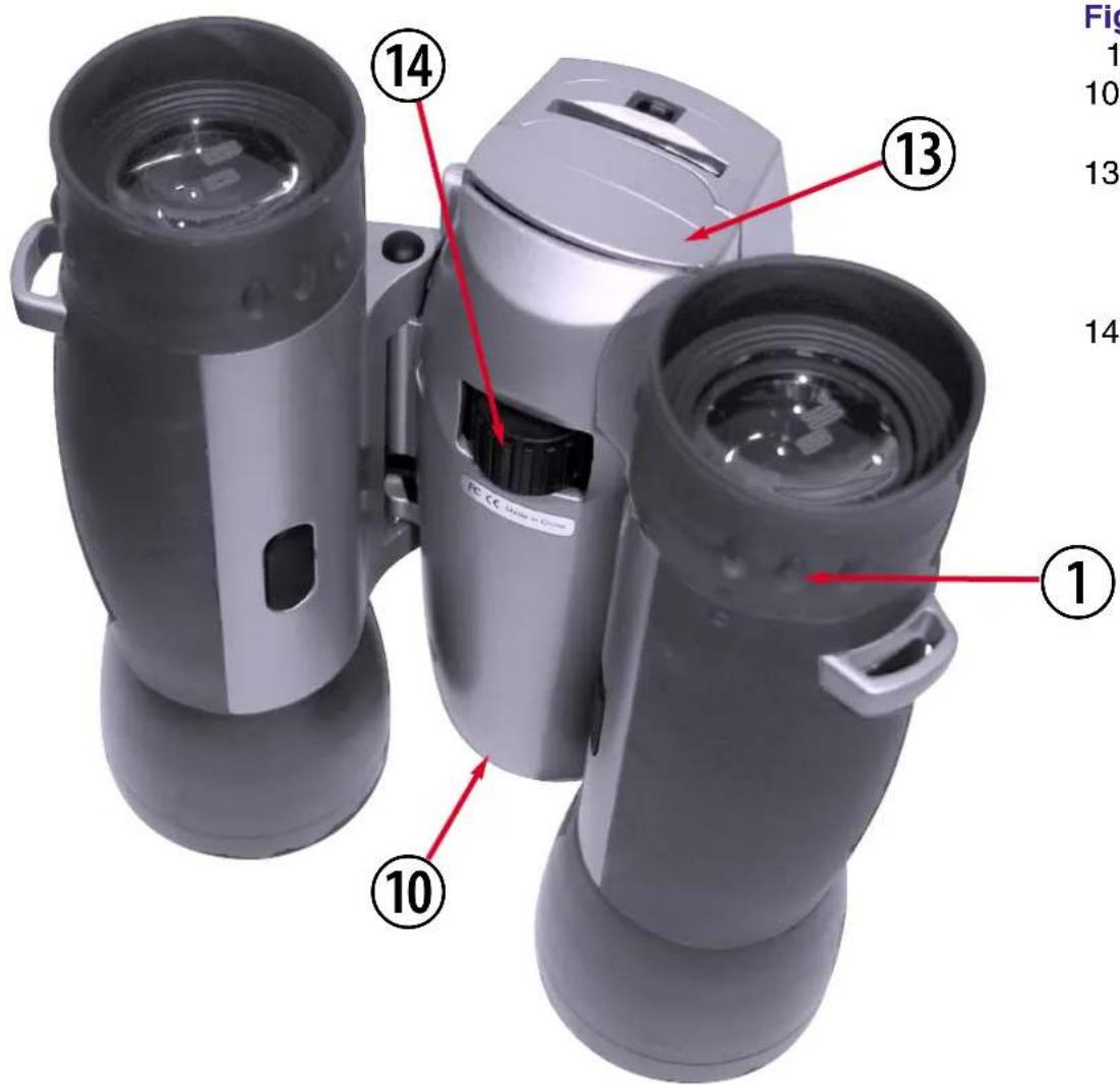 Labeled diagram of binoculars with numbered parts, showing internal components and part numbers.
