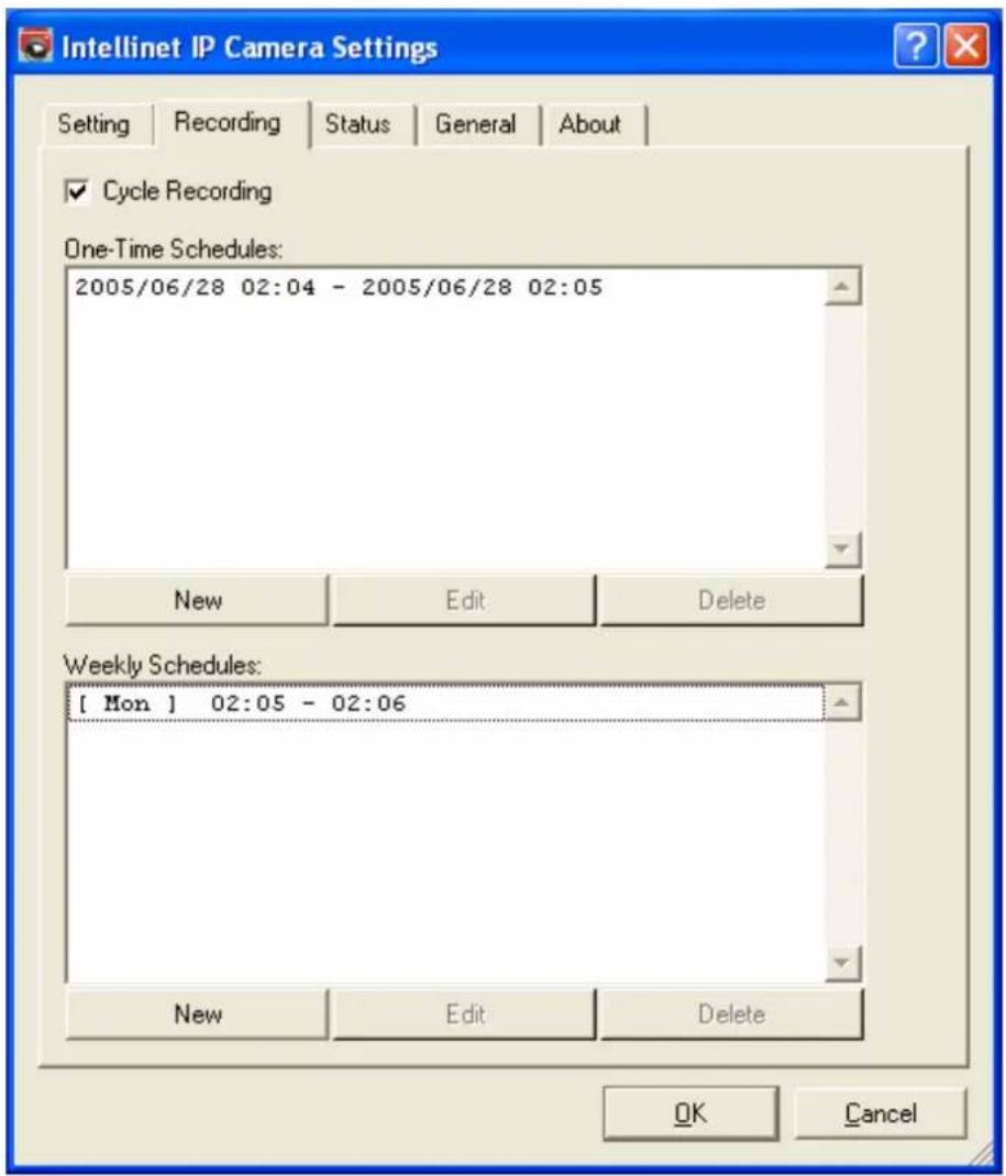 Intellinet IP Camera Settings Setting Recording Status General About ✓ Cycle Recording One-Time Schedules: 2005/06/28 02:04 - 2005/06/28 02:05 New Edit Delete Weekly Schedules: [ Mon ] 02:05 - 02:06 New Edit Delete OK Cancel