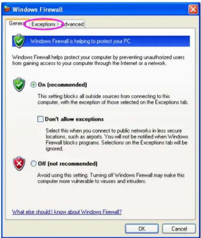 Windows Firewall General Exceptions Advanced Windows Firewall is helping to protect your PC Windows Firewall helps protect your computer by preventing unauthorized users from gaining access to your computer through the Internet or a network. On [recommended] This setting blocks all outside sources from connecting to this computer, with the exception of those selected on the Exceptions tab. Don't allow exceptions Select this when you connect to public networks in less secure locations, such as airports. You will not be notified when Windows Firewall blocks programs. Selections on the Exceptions tab will be ignored. Off [not recommended] Avoid using this setting. Turning off Windows Firewall may make this computer more vulnerable to viruses and intruders. What else should I know about Windows Firewall? OK Cancel