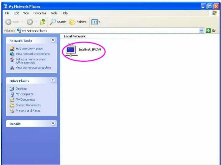My Network Places File Edit View Favorites Tools Help Back Search Folders Address My Network Places Go Network Tasks Add a network place View network connections Set up a home or small office network View workgroup computers Local Network Intellnet_IPCAM Other Places Desktop My Computer My Documents Shared Documents Printers and Flares Details