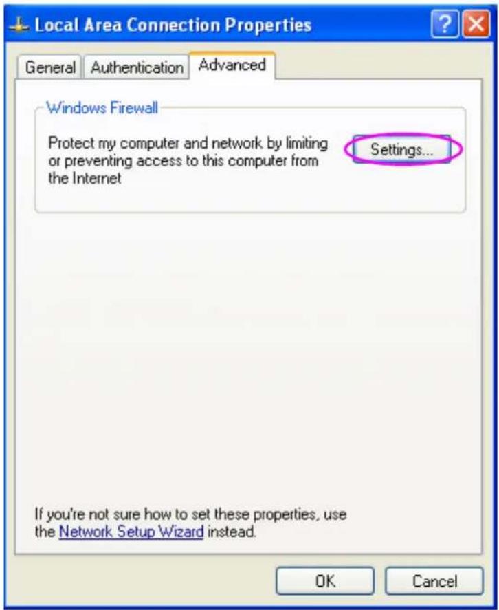 Local Area Connection Properties General Authentication Advanced Windows Firewall Protect my computer and network by limiting or preventing access to this computer from the Internet Settings... If you're not sure how to set these properties, use the Network Setup Wizard instead. OK Cancel