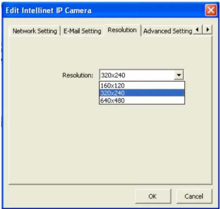 Edit Intellinet IP Camera Network Setting | E-Mail Setting | Resolution | Advanced Setting | Resolution: 320x240 160x120 320x240 640x480 OK Cancel