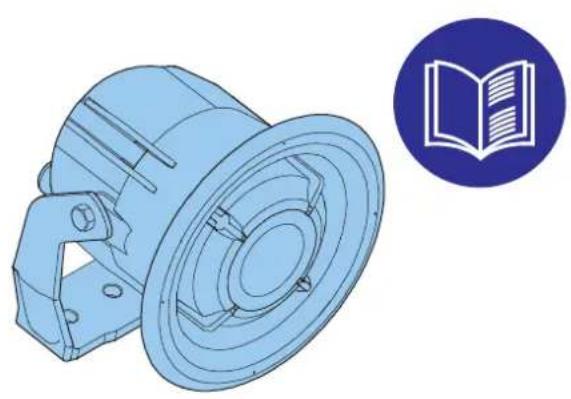 3D-CAD-Modell einer mechanischen Komponente mit einem blauen kreisförmigen Symbol, das ein offenes Buch enthält (kein Text oder Symbole auf dem Modell selbst).