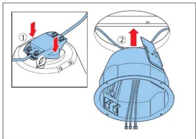 Technisches Diagramm, das ein Gerät mit beschrifteten Teilen und roten Pfeilen zeigt, die Montage oder Verbindung anzeigen, einschließlich einer Nahaufnahme der Komponente.