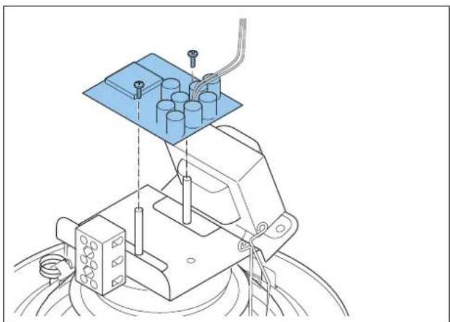 Technische Strichzeichnung einer mechanischen Baugruppe mit blauen Komponenten und Verkabelung (ohne Text oder Symbole).