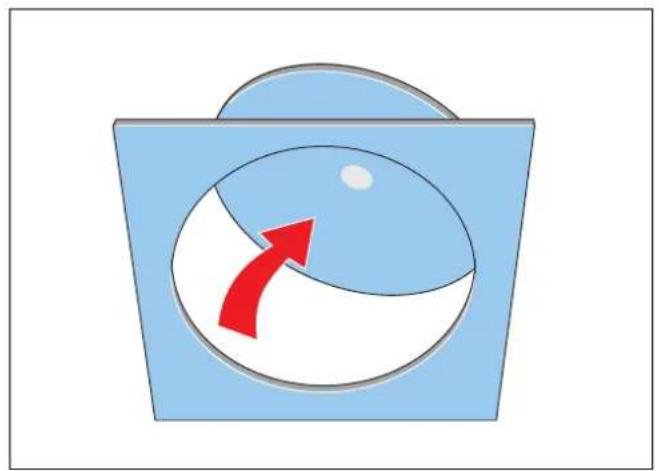 Einfaches Diagramm mit einer blauen ovalen Form, die einen weißen Kreis und einen roten Pfeil enthält, ohne Text oder Symbole.