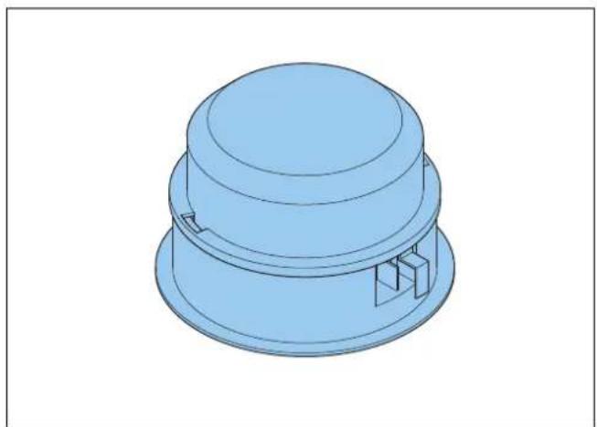 3D-technische Illustration einer blauen mechanischen Komponente mit zylindrischem Kopf und Montagehalterung (ohne Text oder Symbole).