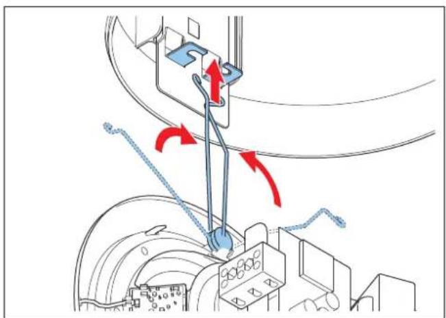 Technische Zeichnung, die eine mechanische Baugruppe mit roten Pfeilen zeigt, die Bewegungs- oder Kraftrichtungen anzeigen (kein Text oder Symbole).