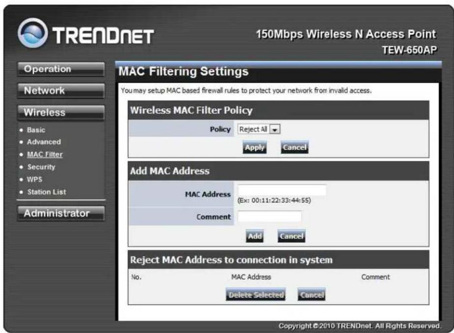 TRENDNET TEW-650AP - Wireless MAC Filter - 1