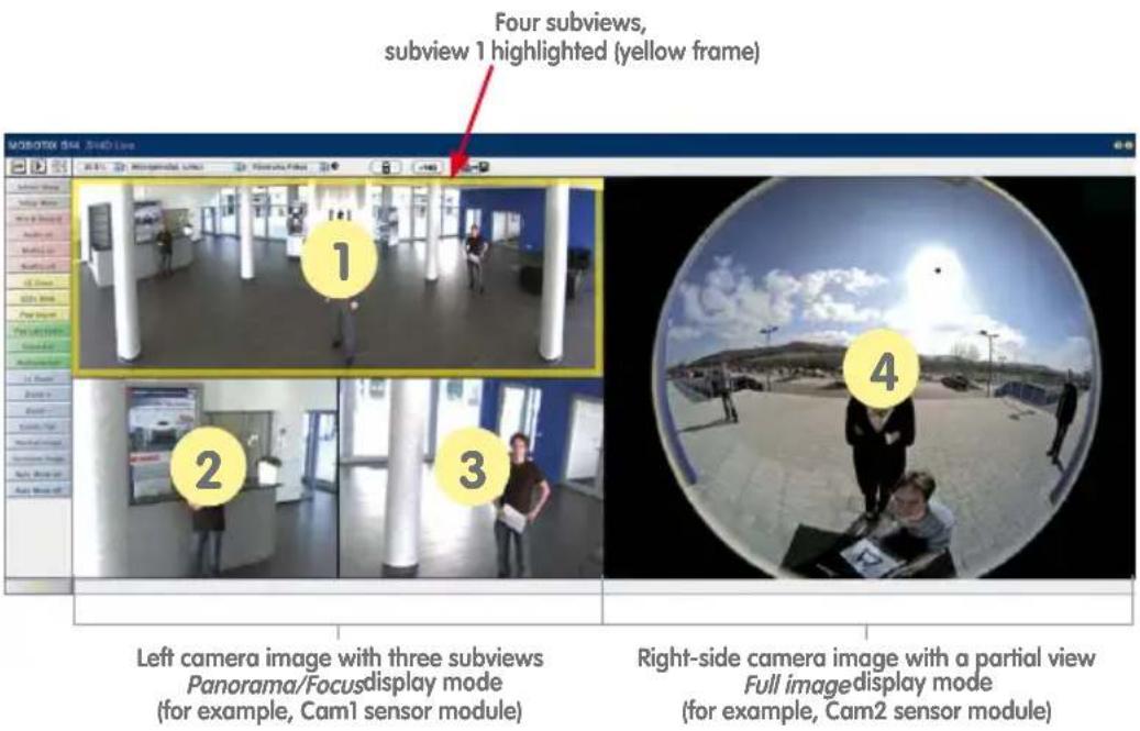 Four subviews, subview 1 highlighted (yellow frame) Left camera image with three subviews Panorama/Focusdisplay mode (for example, Cam1 sensor module) Right-side camera image with a partial view Full imagedisplay mode (for example, Cam2 sensor module)