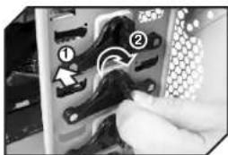 Close-up photo of a computer tower with numbered annotations indicating component placement or repair steps