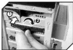 Diagram showing a hand inserting a device into a computer case, with numbered annotations indicating process steps.